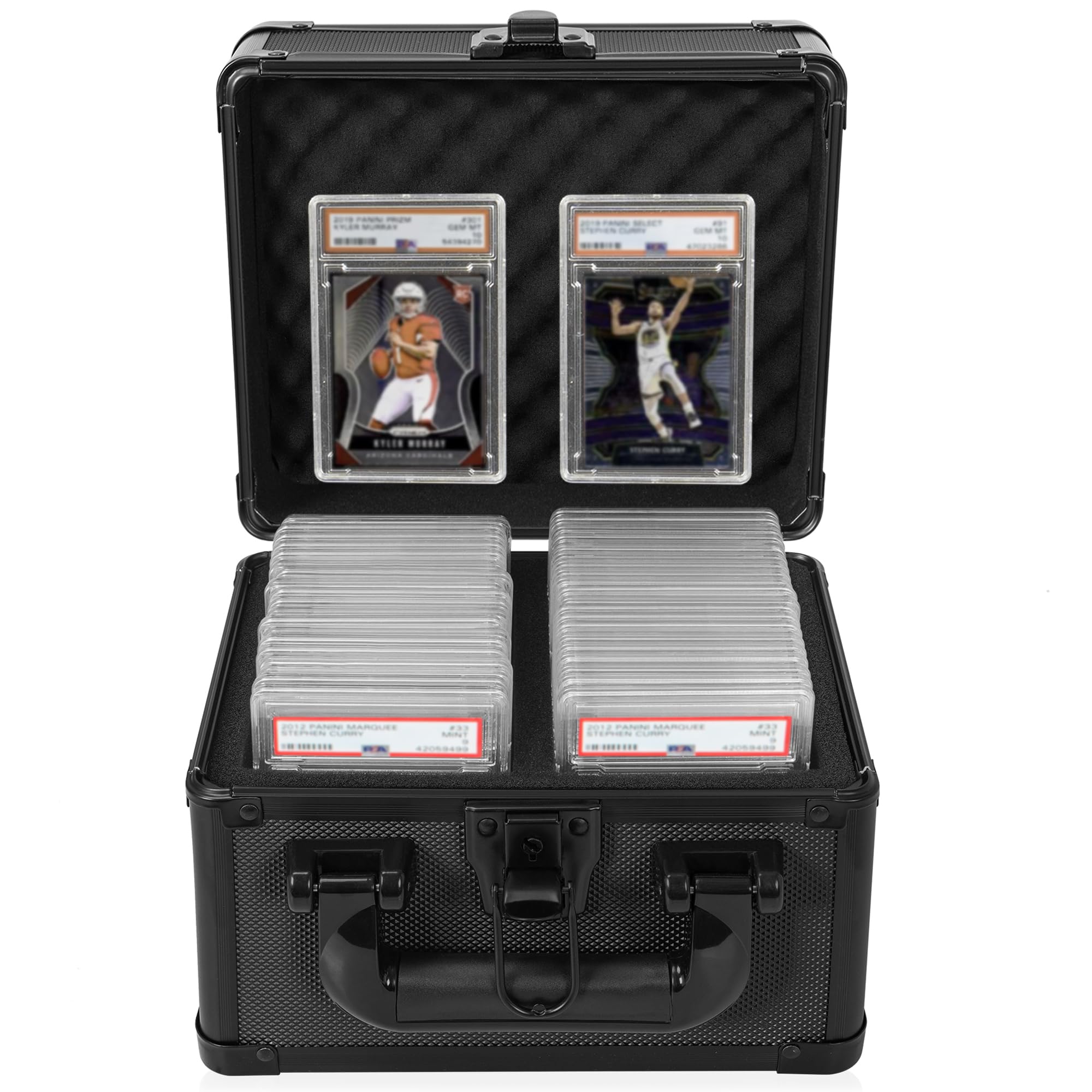 OUUTMEE graded card case with aluminum frame protects slabs during storage.