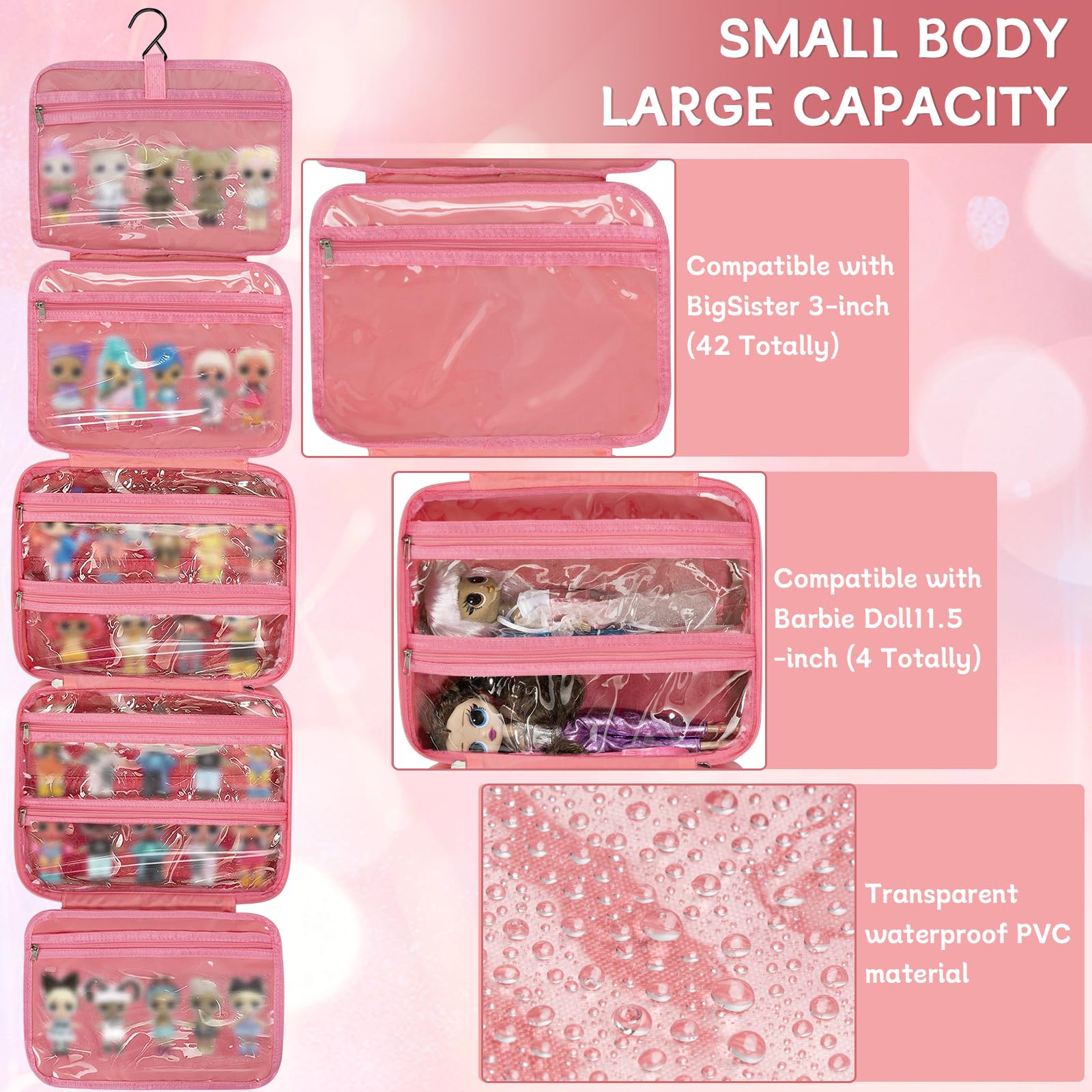 Pink nylon exterior and clear interior enhance durability and easy cleaning.
