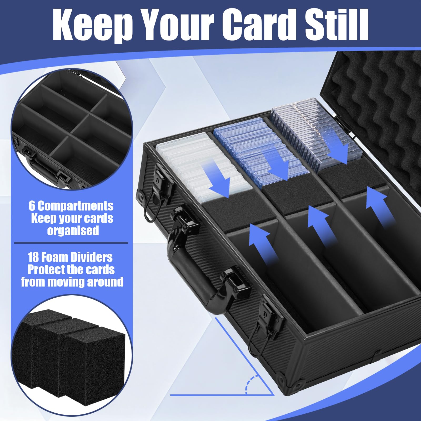 OUUTMEE toploader storage box interior view with 18 sponge dividers for card separation