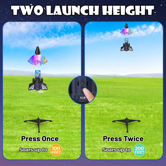 Ovaasy Rocket Launcher blue boosted launch demonstrates 100 ft mode for family backyard fun.