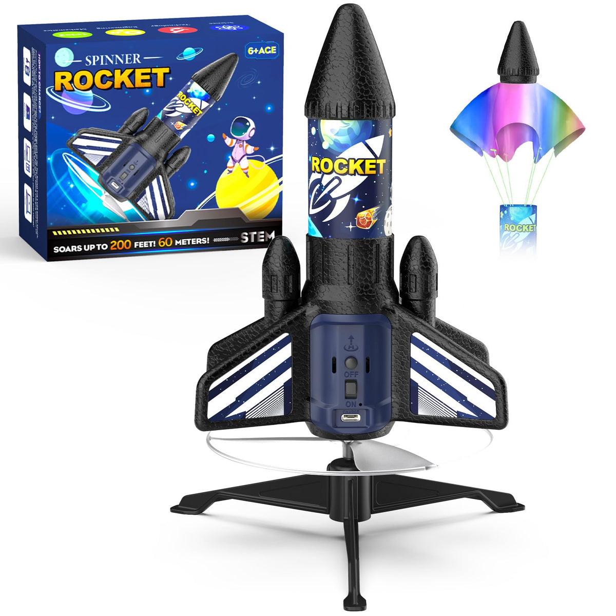 Ovaasy Rocket Launcher blue front view highlights compact, kid-safe exterior for outdoor play.