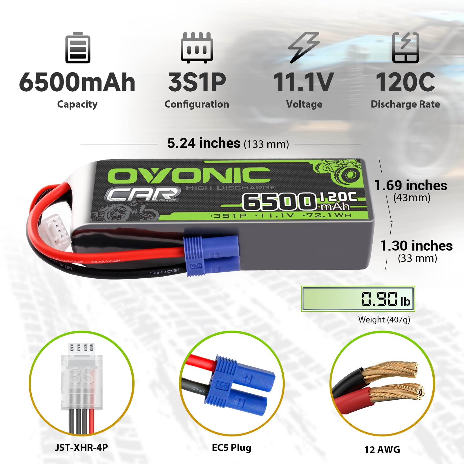 OVONIC 11.1V 3S LiPo pack delivers steady power for RC cars and planes.