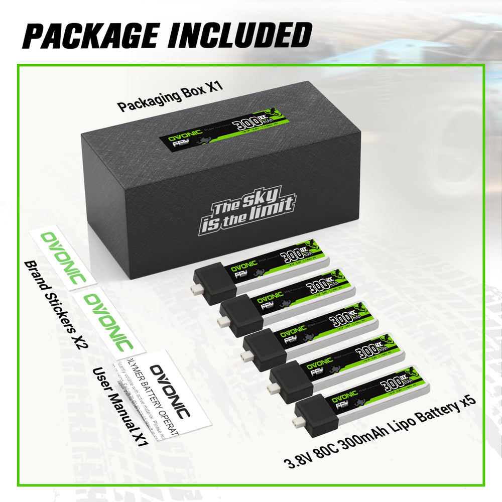 OVONIC 3.8V LiPo 80C—high discharge for demanding FPV.