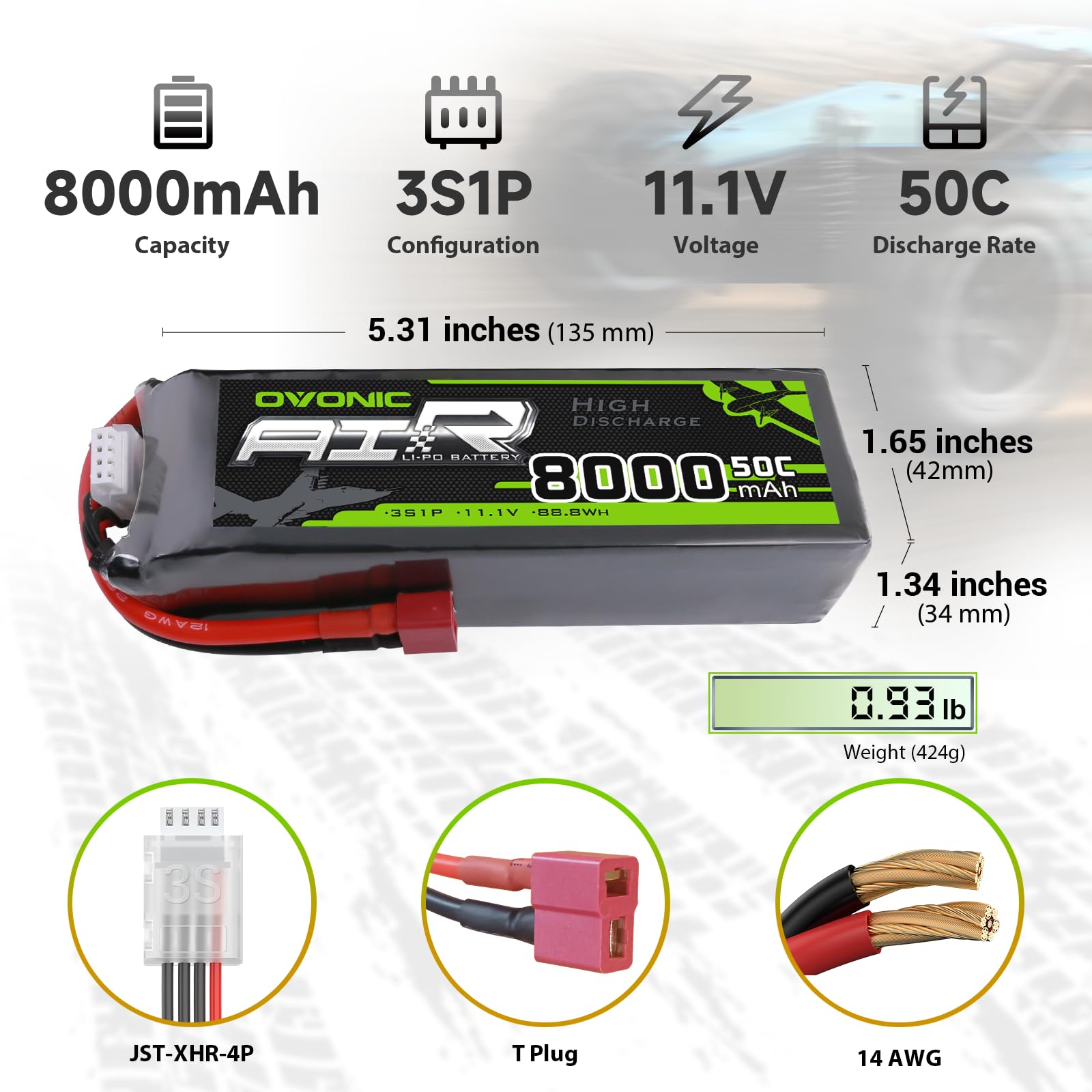 OVONIC 3S 8000mAh LiPo battery side view with Dean connector for quick install