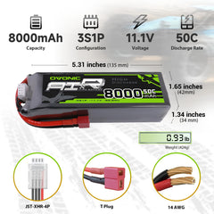 OVONIC 3S 8000mAh LiPo battery side view with Dean connector for quick install