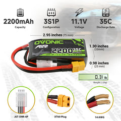 OVONIC 3S LiPo battery with XT60 connector for reliable power.