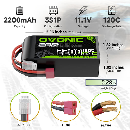 OVONIC 3S short LiPo battery with Dean plug, side view highlighting dimensions and weight.