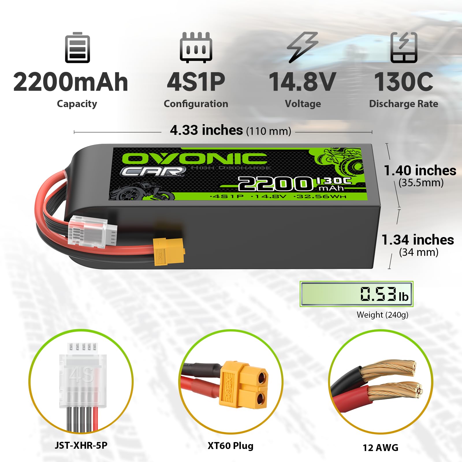 OVONIC 4S battery side view showing compact, lightweight design for easy mounting.