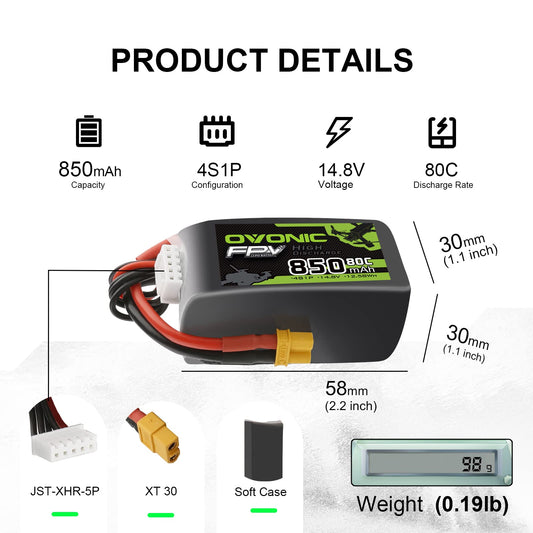 OVONIC 4S 850mAh lipo dimensions 58x30x30mm for compact quad frames
