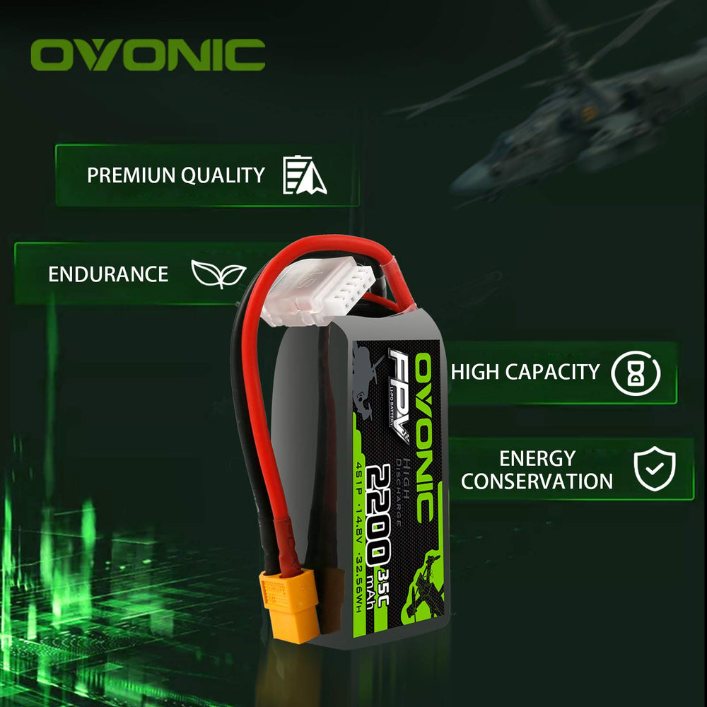 OVONIC 4S LiPo battery top view highlighting balanced form for mounting.