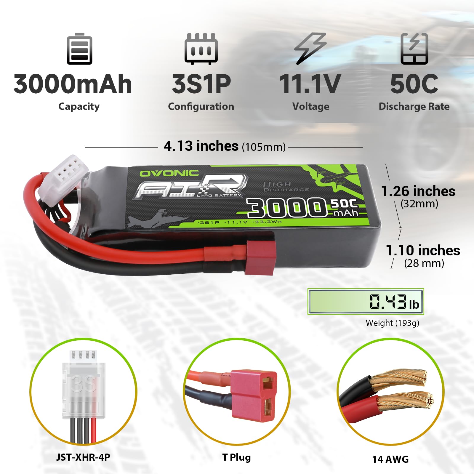 OVONIC 50C discharge rate highlights power for high-demand RC models.