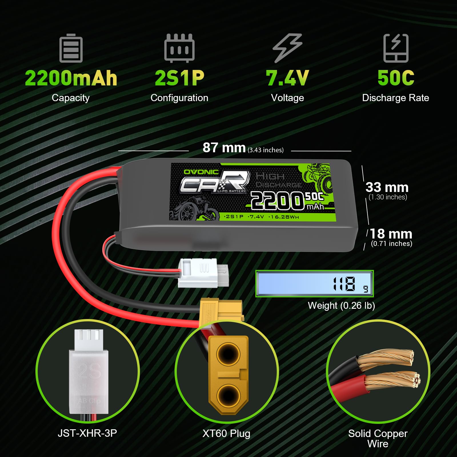 OVONIC 2S LiPo side view showing compact, lightweight design