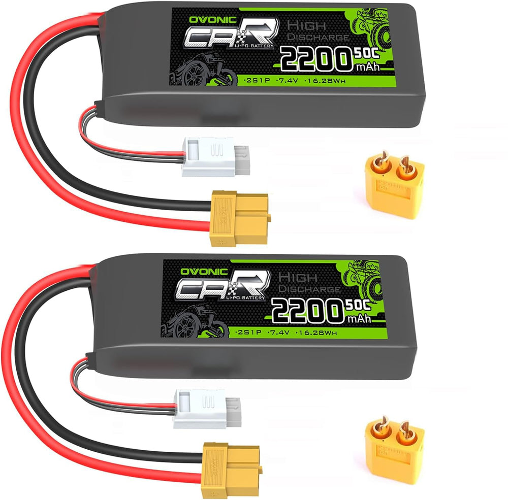 OVONIC 7.4V LiPo closeup with XT60 plug for secure connections