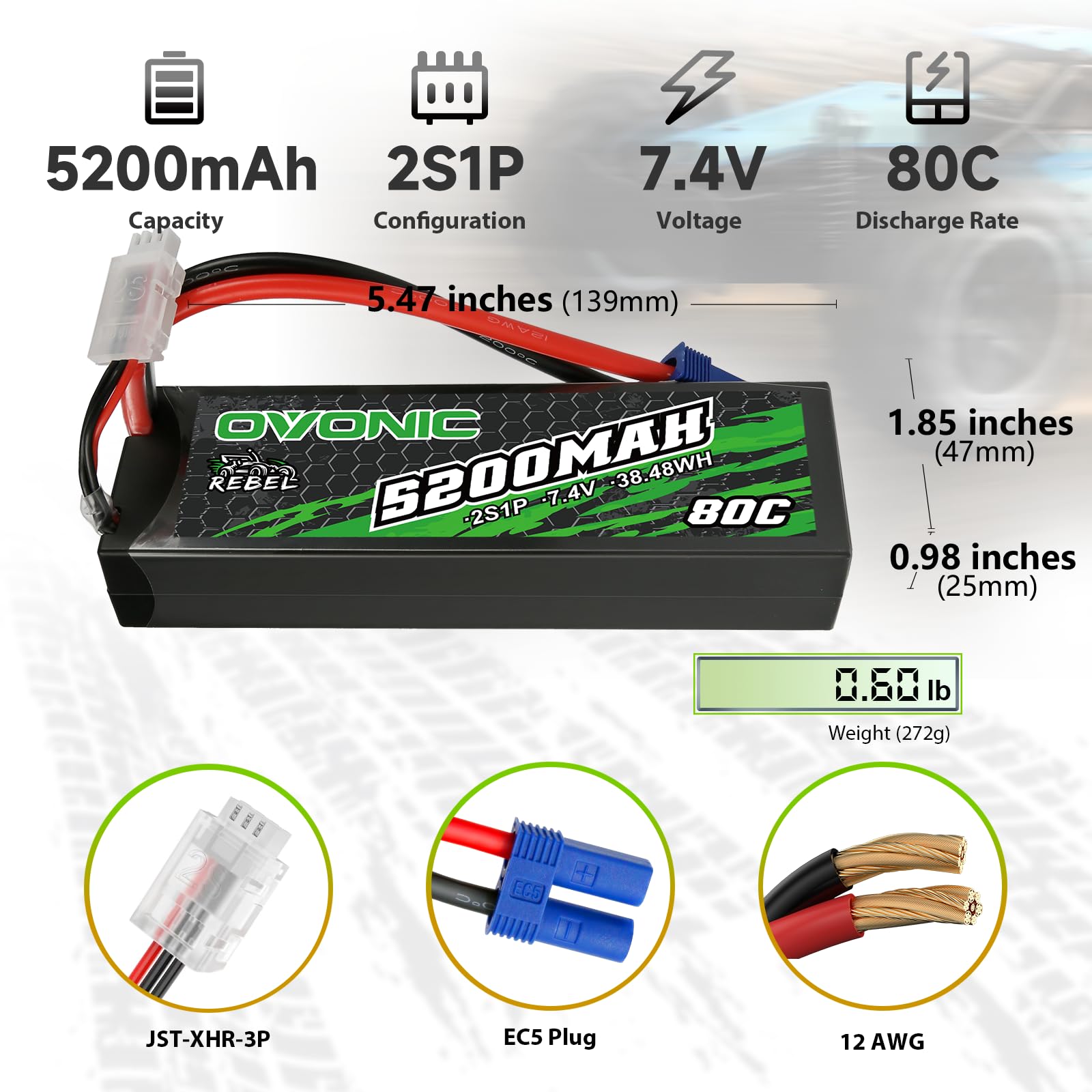 OVONIC 80C 2S battery shown in side view for compact fit