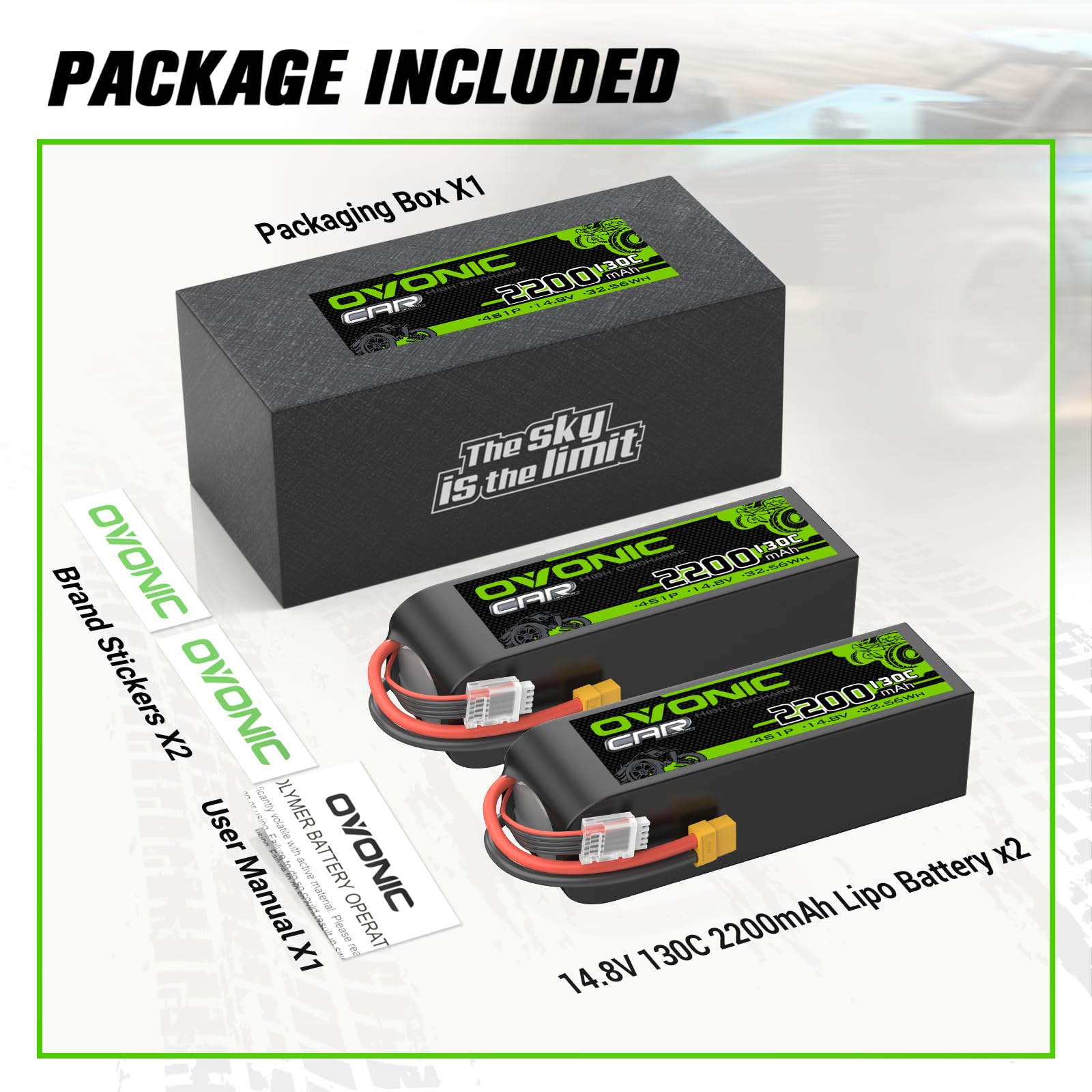 OVONIC battery package includes manuals and stickers for quick setup.
