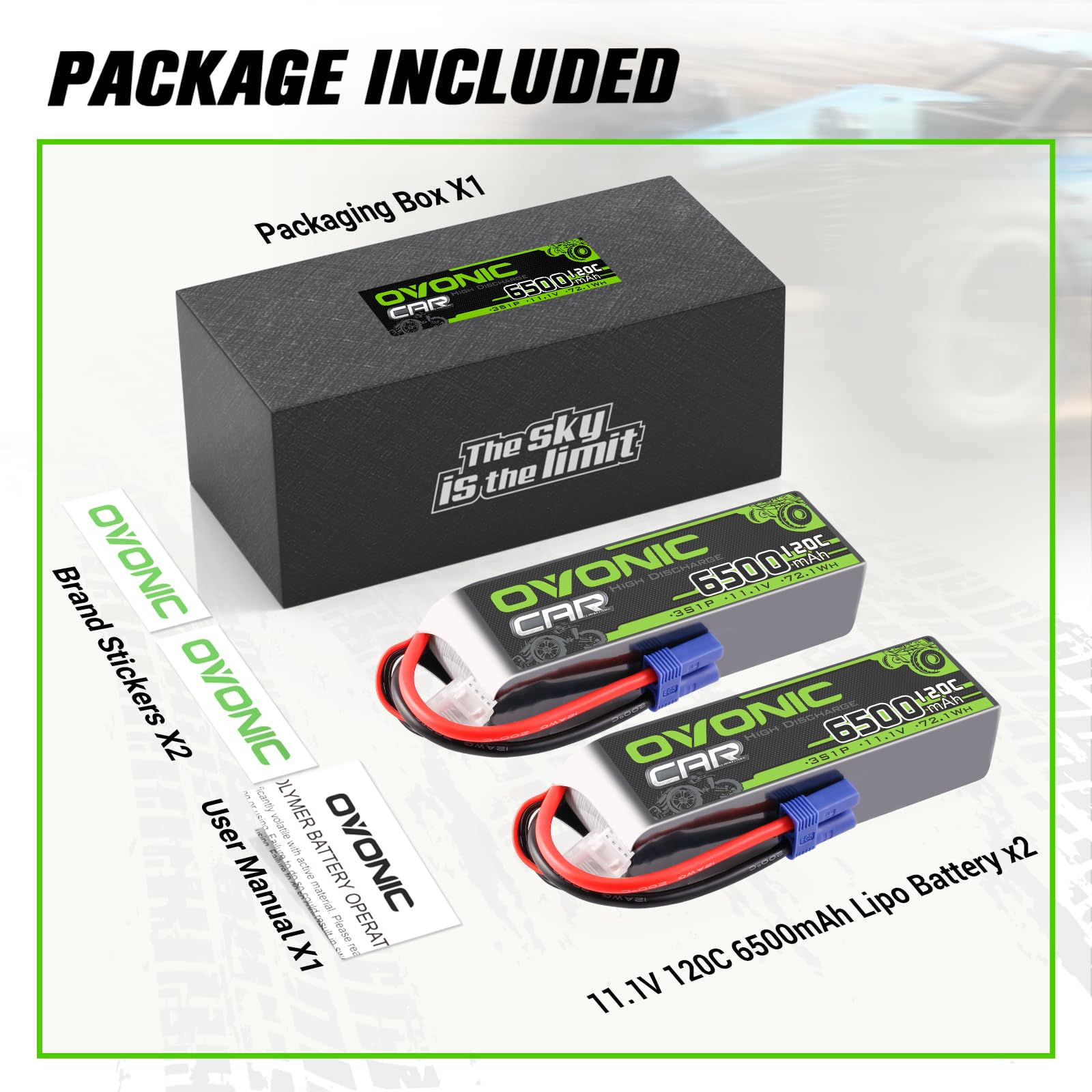OVONIC compact RC battery shown with dimensions and weight for planning.