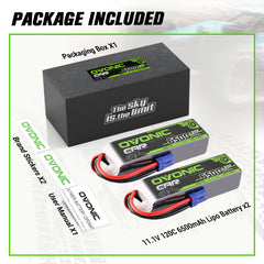OVONIC compact RC battery shown with dimensions and weight for planning.