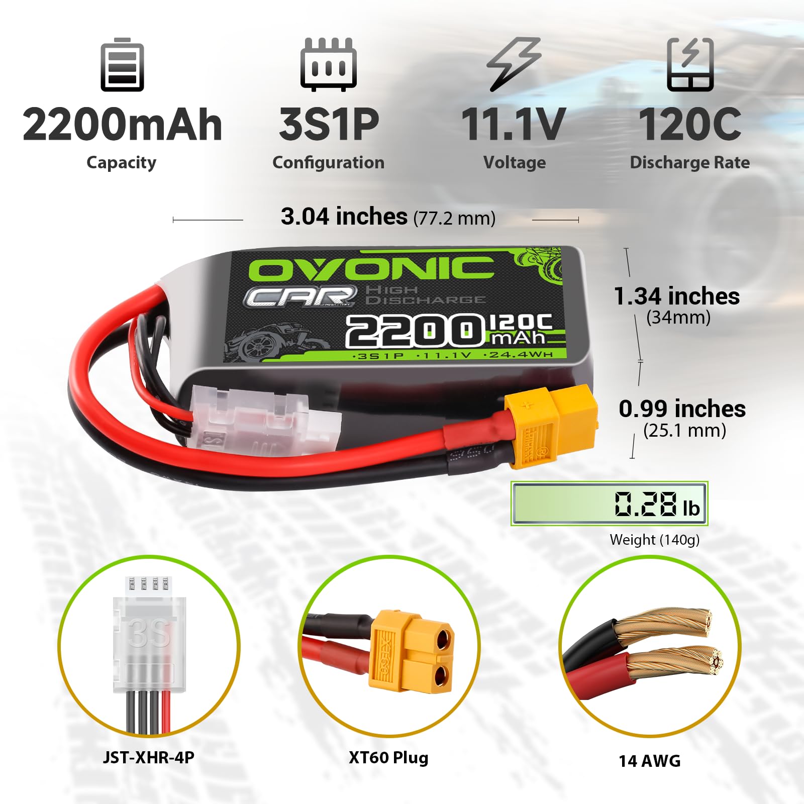 OVONIC two-pack LiPo battery setup with XT60 connectors for RC cars and planes