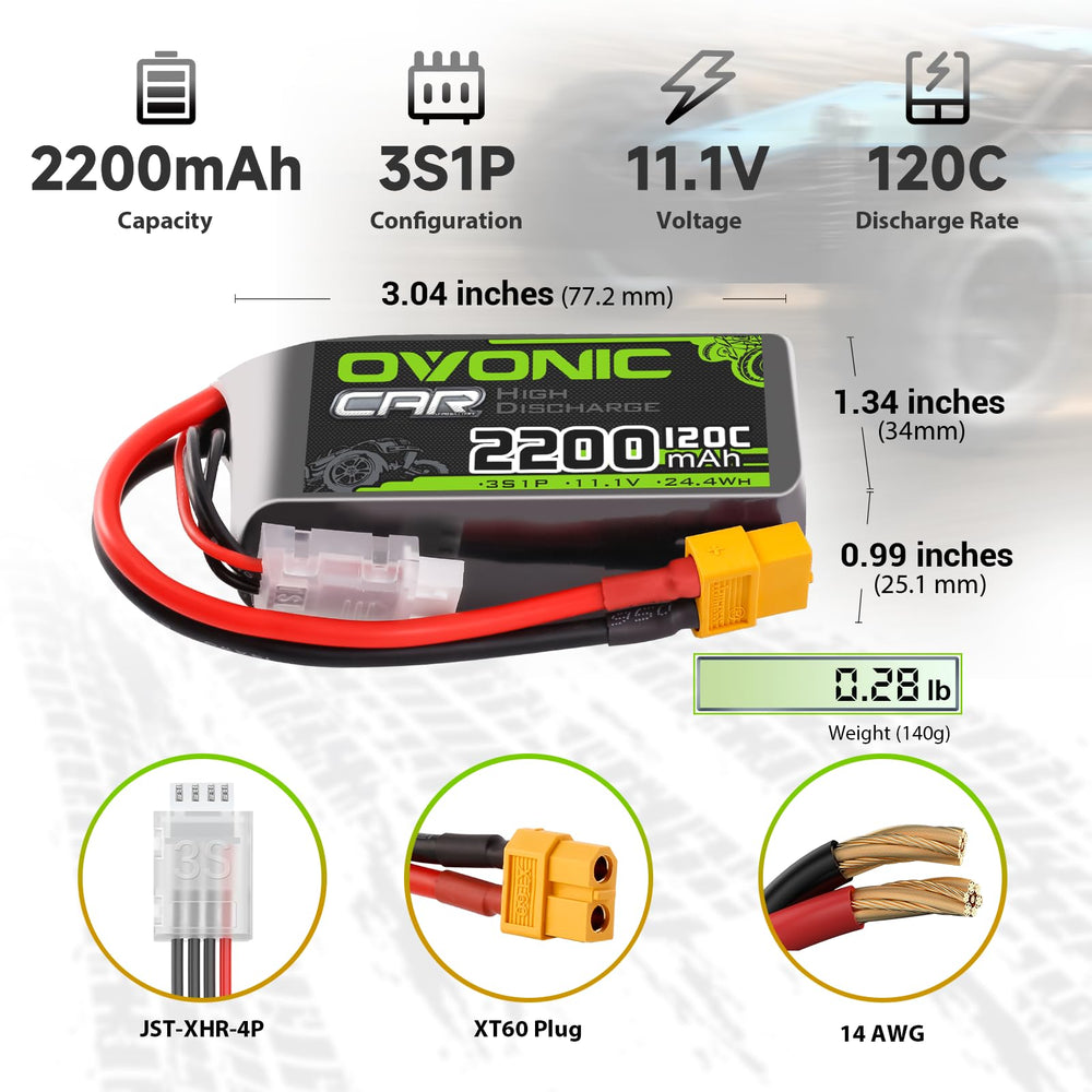 OVONIC two-pack LiPo battery setup with XT60 connectors for RC cars and planes