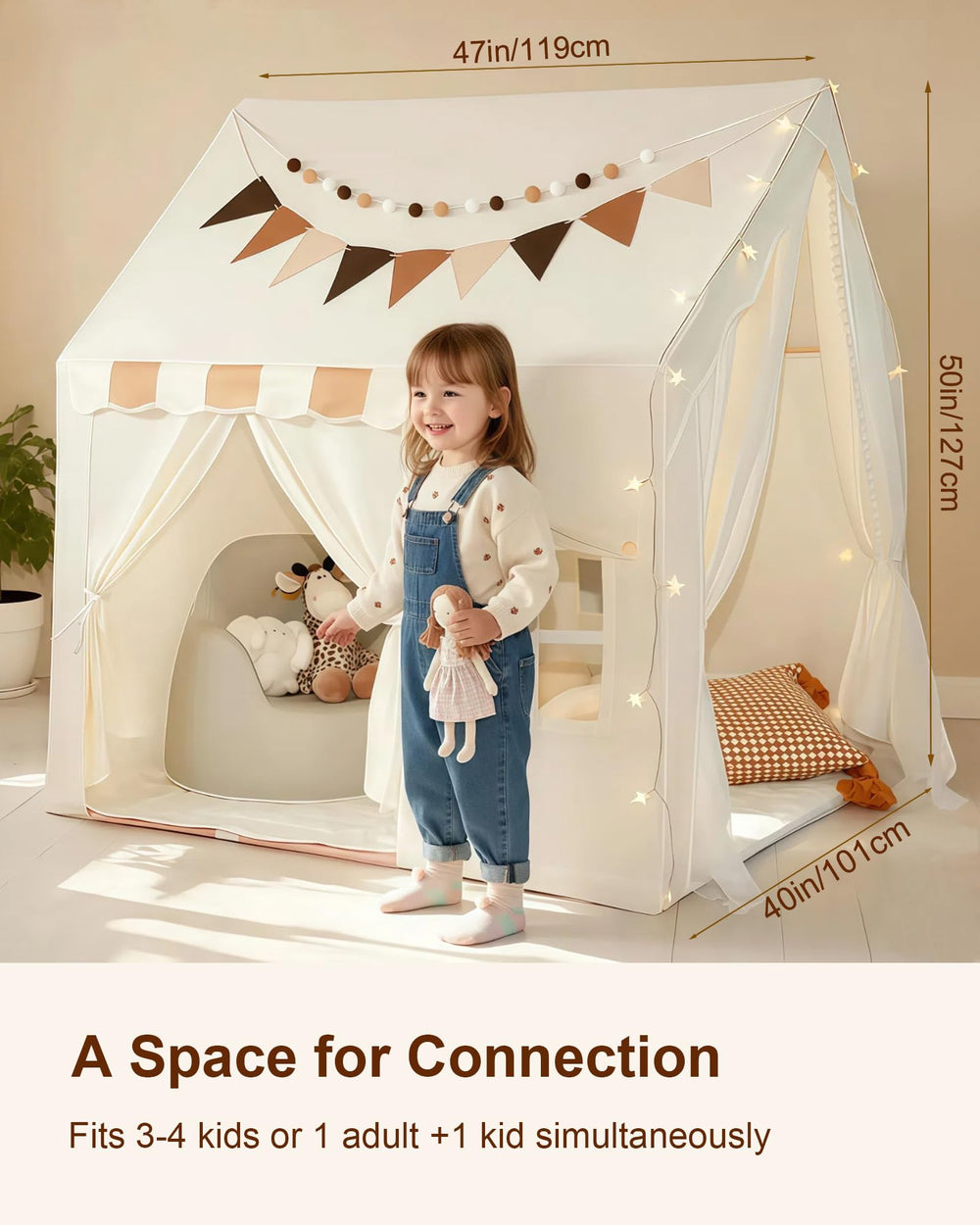 OWZEE tent displays colorful flags and pompoms for playful decor.