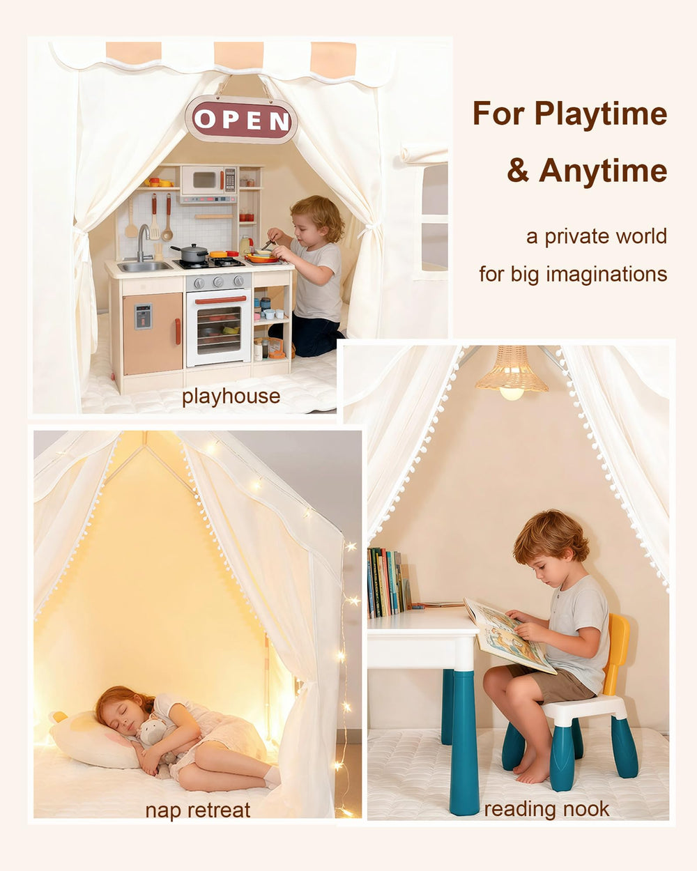 OWZEE play tent provides a spacious reading nook for quiet moments.