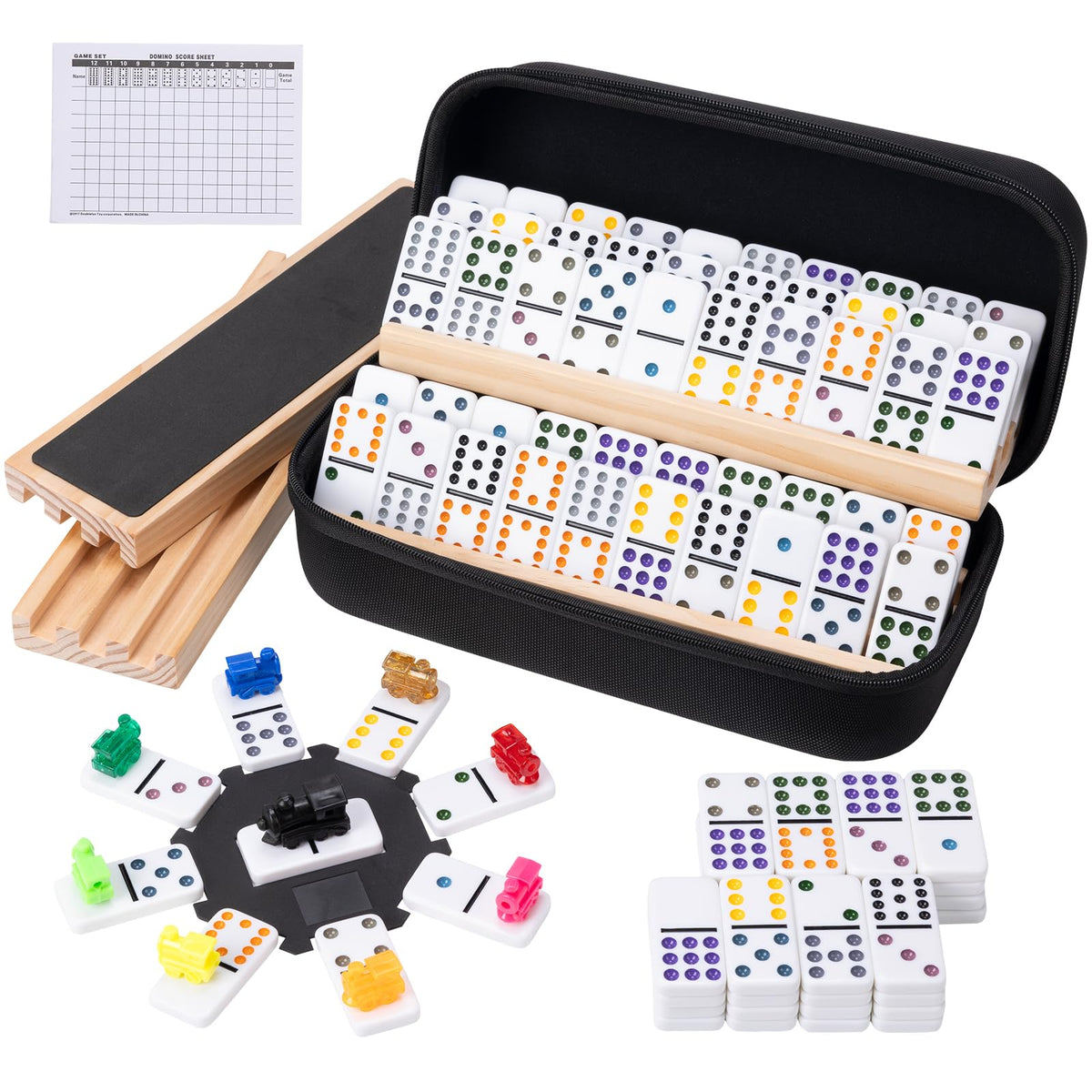 OZFRHO Mexican Train Dominoes tiles 91 pieces for versatile family games.