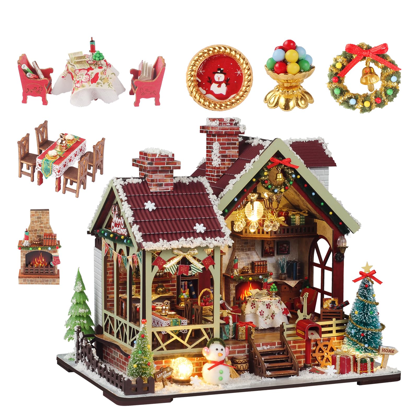 OZJAY Warm Christmas Lodge dollhouse front view shows cozy festive display.
