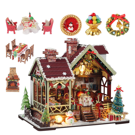 OZJAY Warm Christmas Lodge dollhouse front view shows cozy festive display.