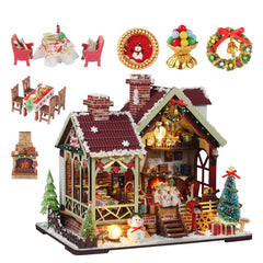 OZJAY Warm Christmas Lodge dollhouse front view shows cozy festive display.