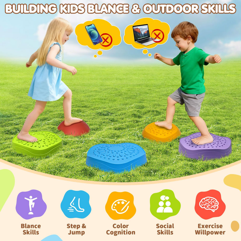 OZMI stepping stones display bright colors to spark imaginative play.