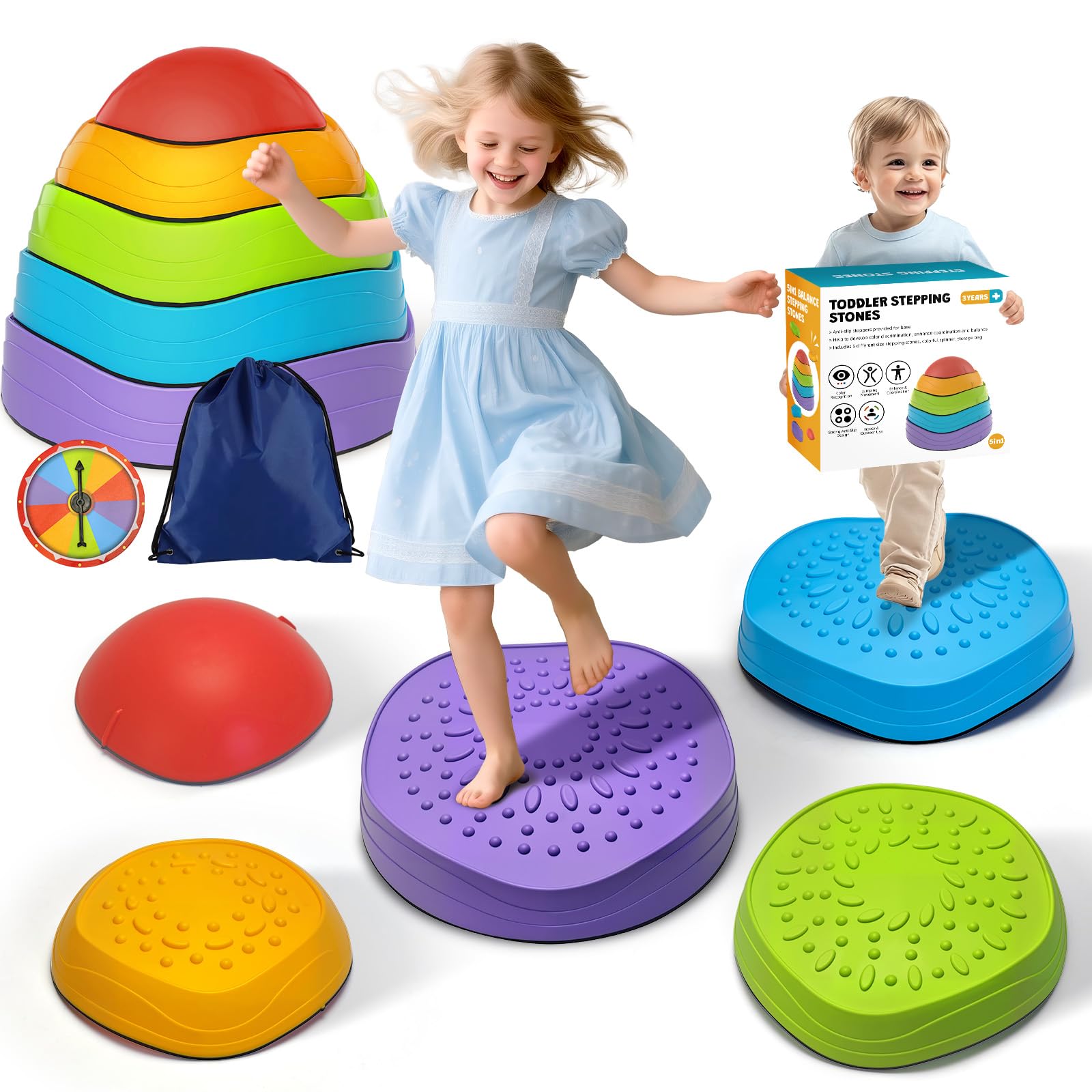 OZMI stepping stones set arranged as a colorful indoor balance course.