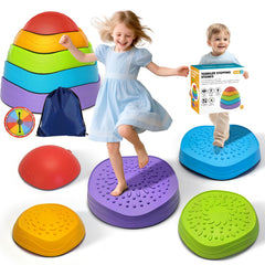 OZMI stepping stones set arranged as a colorful indoor balance course.