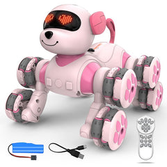 Paaxido 8WD stunt RC car dog on wood floor for versatile indoor play.
