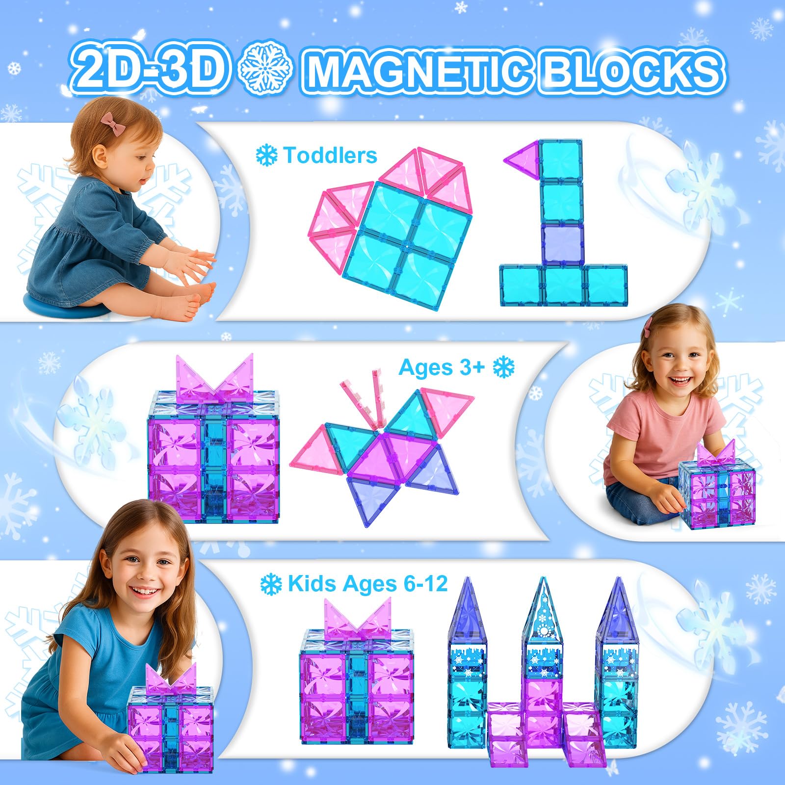 Paaxido Magnetic Tiles with easy-connect magnets promote stable structures for tall ice castles.