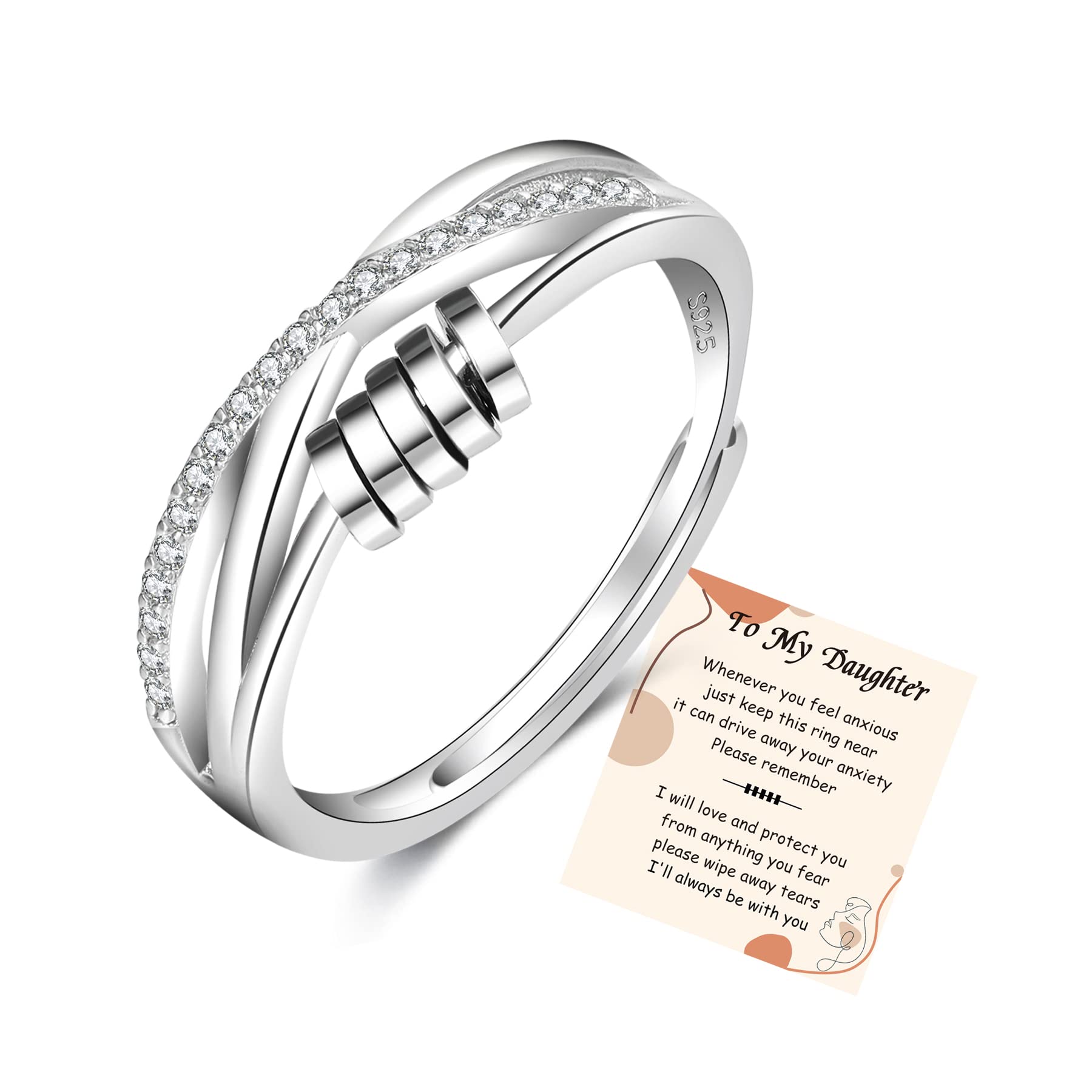 PABBEU To My Daughter sterling silver beads close-up, soothing fidget ring for stress relief