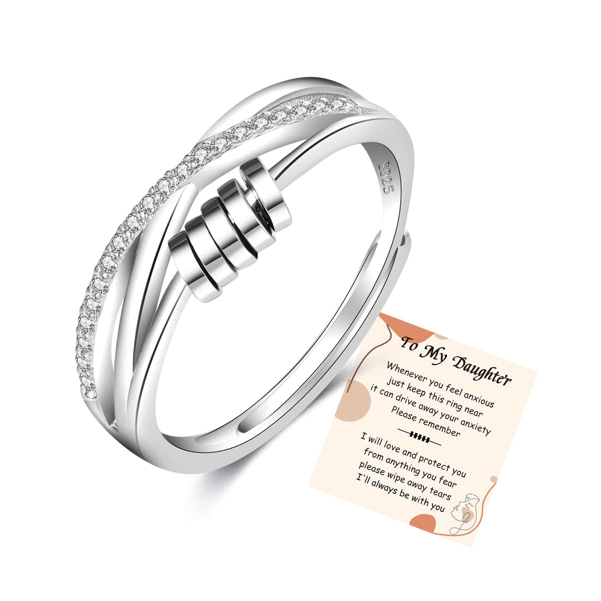 PABBEU To My Daughter sterling silver beads close-up, soothing fidget ring for stress relief