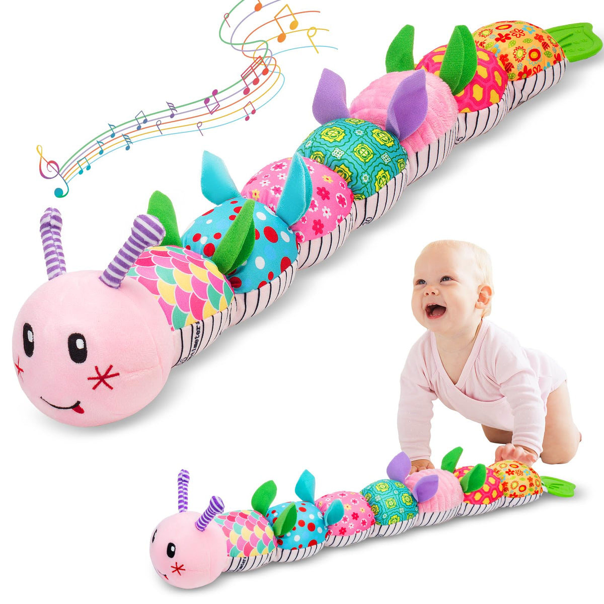 Padonise caterpillar musical plush toy, soft infant companion for soothing playtime