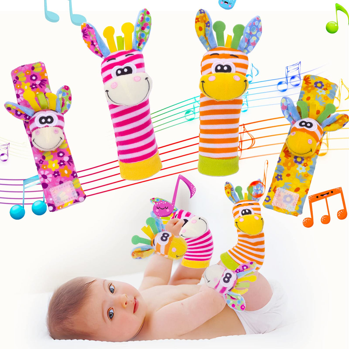 Padonise wrist rattles with fox design for engaging touch and sound awareness.