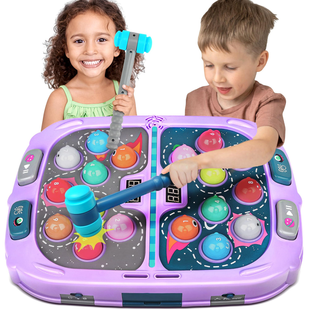 Pafolo Whack Game Mole 11x15in play area enables two-player competition and shared fun.