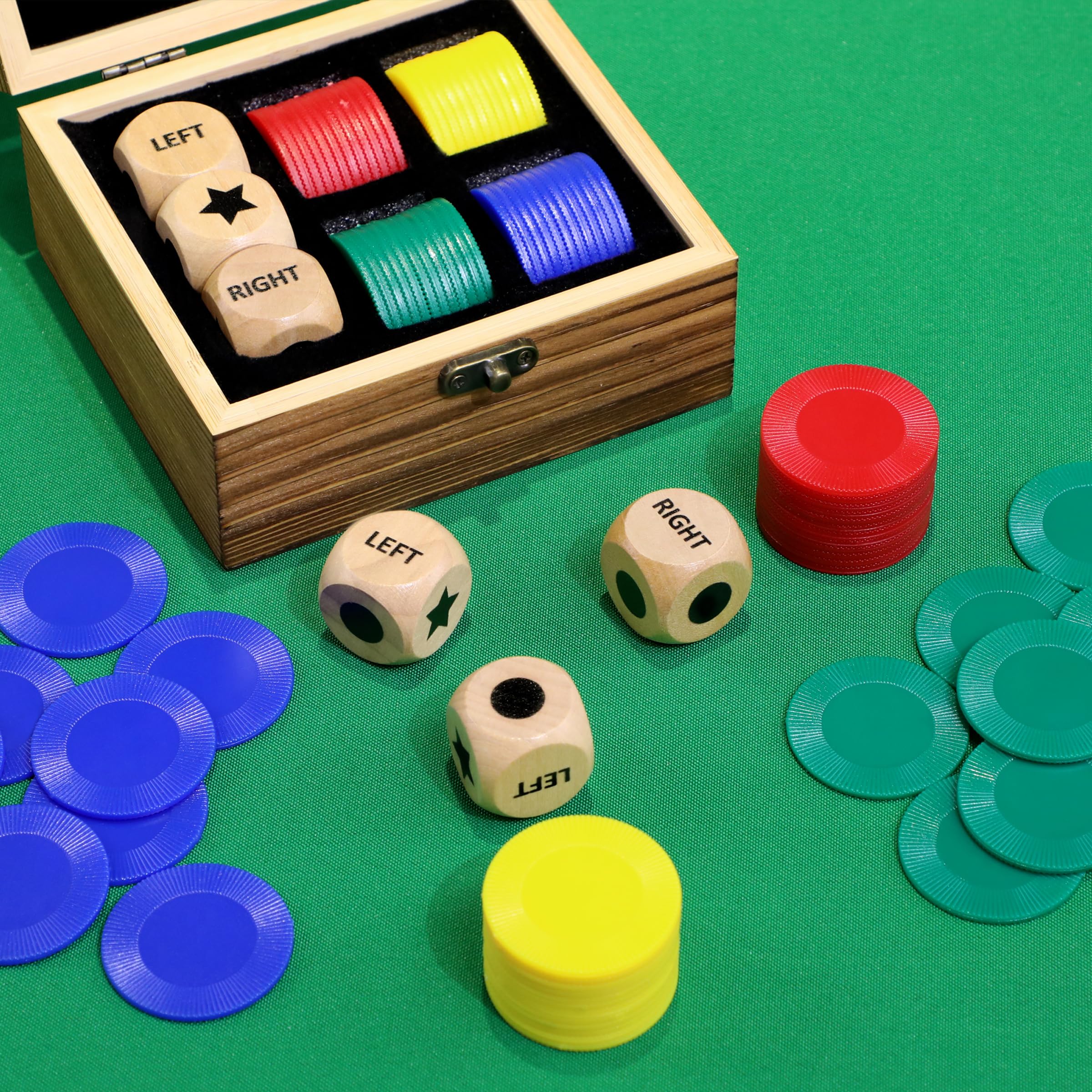 Pagather colorful chips in red, yellow, blue, and green for fast bets.
