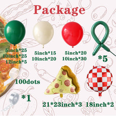 PageebO pizza party red 10-inch balloons create bold arches.