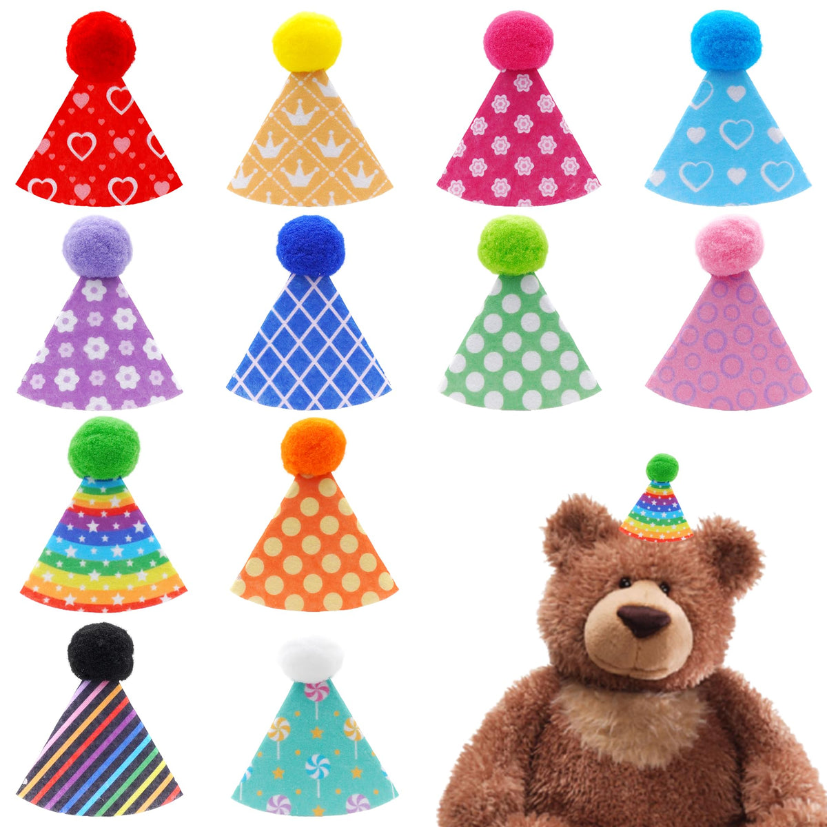 Pai Sence mini party hat set with colorful felt cones and pom poms for kids' plush toys