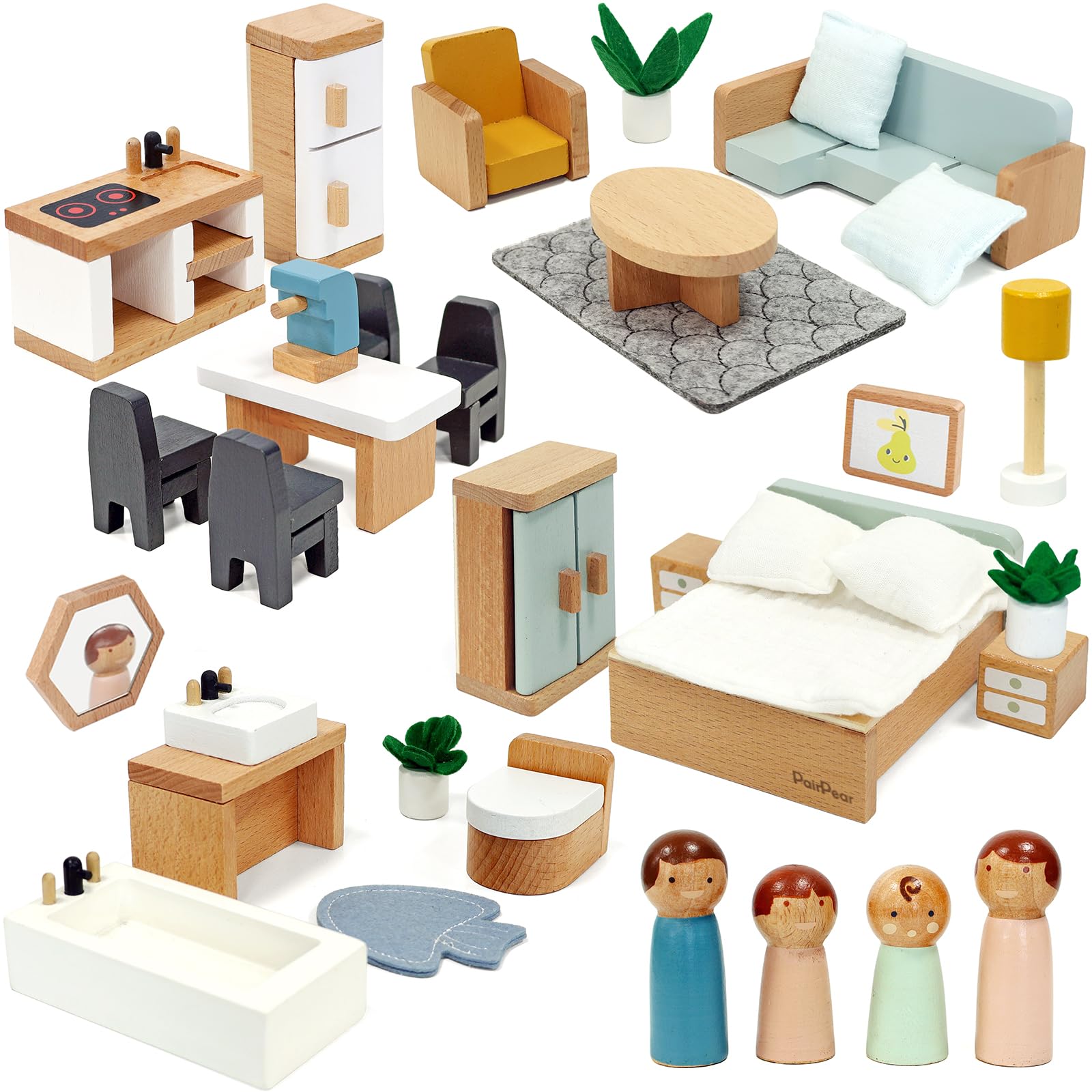 PairPear dollhouse furniture set with natural wood and 35 pieces sparks imaginative play