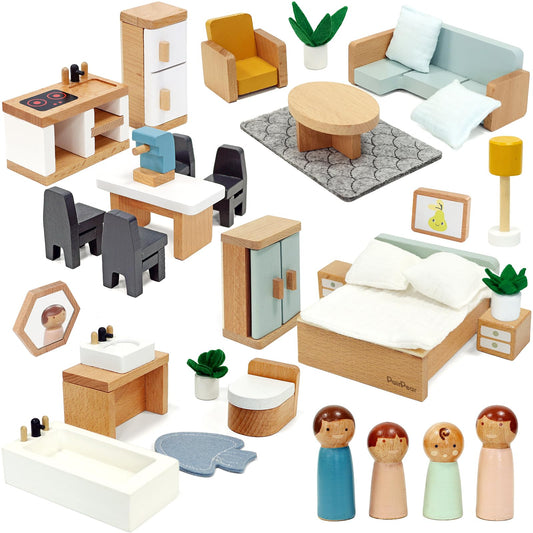 PairPear dollhouse furniture set with natural wood and 35 pieces sparks imaginative play