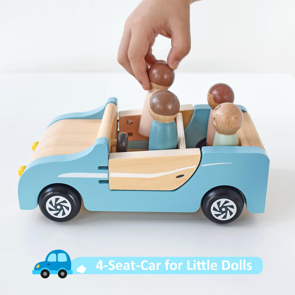 PairPear wooden toy car blends with dollhouse furniture for pretend play.