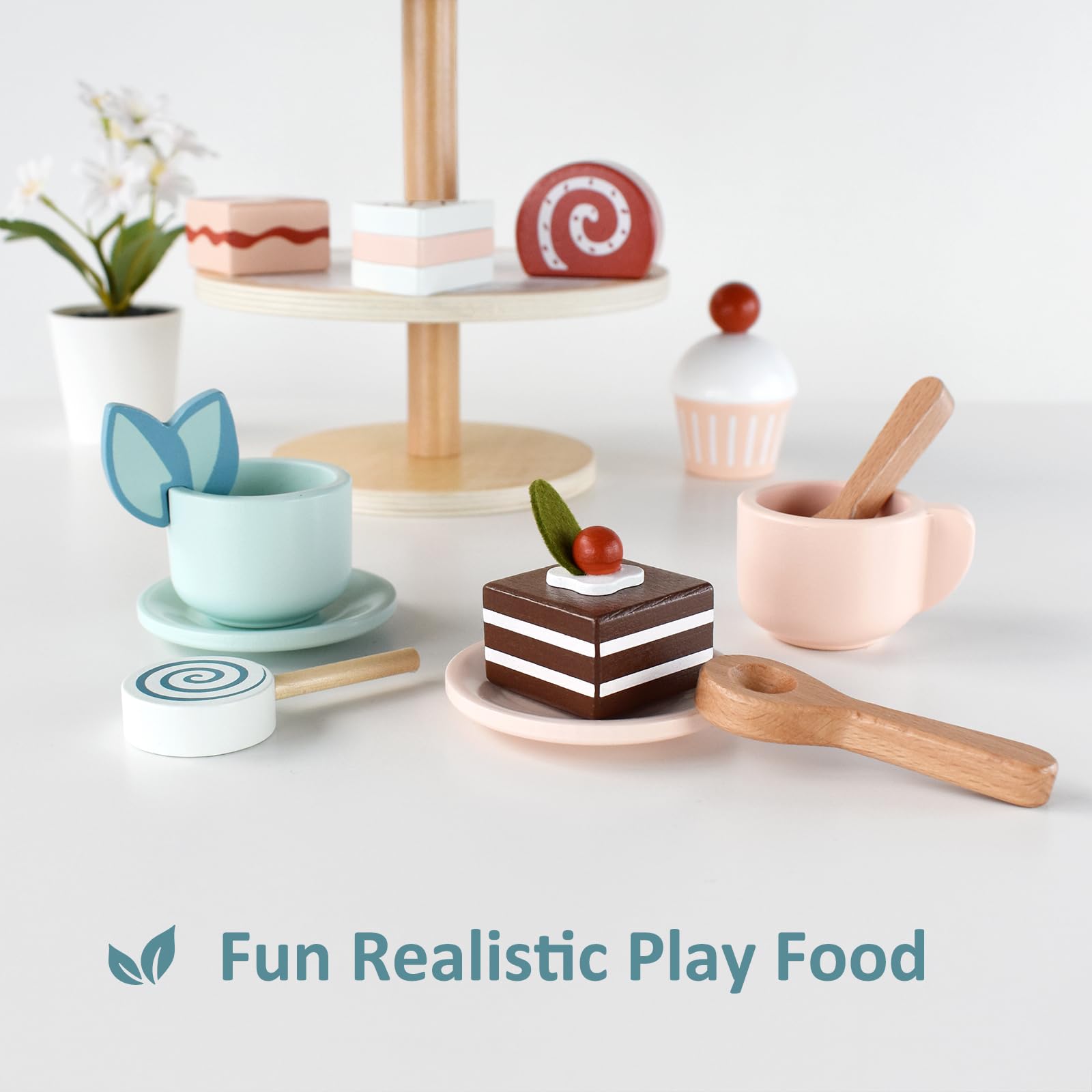 PairPear natural finish wood tea set blending with any play kitchen setup