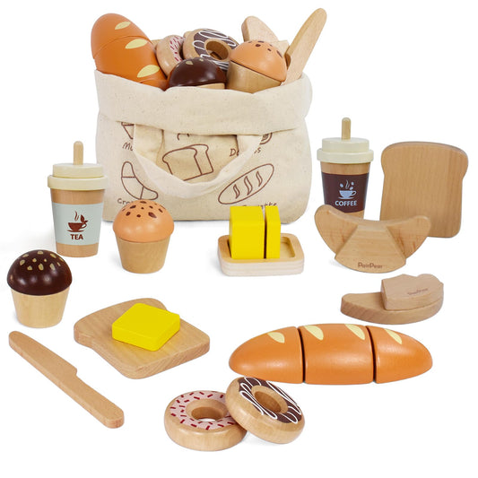 PairPear wooden bakery toy set for imaginative play and pretend kitchen adventures.