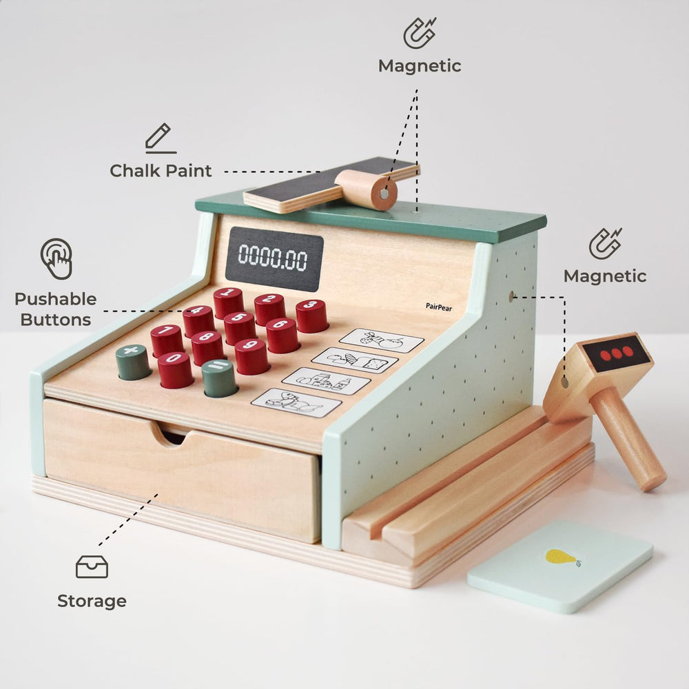 PairPear wooden cashier in action with a child playing store scene