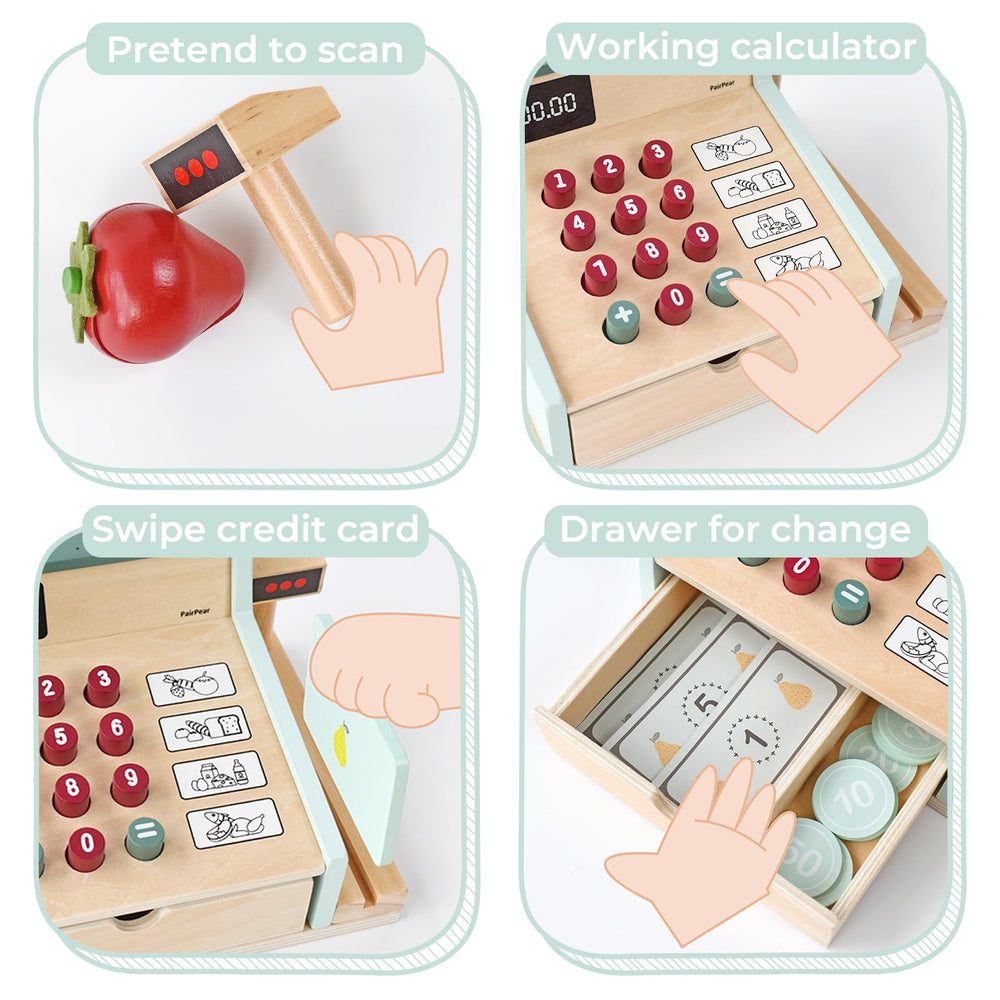 PairPear wooden cash register coins and cash for counting practice