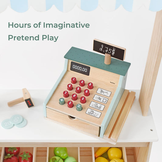 PairPear wooden cash register with drawer open for pretend budgeting